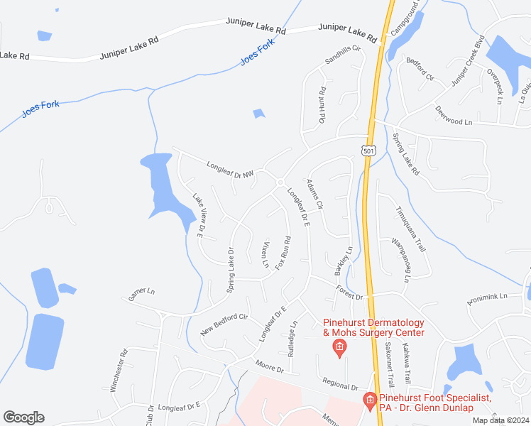 map of restaurants, bars, coffee shops, grocery stores, and more near 7 Monroe Lane in Pinehurst