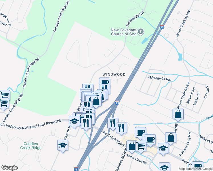 map of restaurants, bars, coffee shops, grocery stores, and more near 4580 Frontage Road Northwest in Cleveland