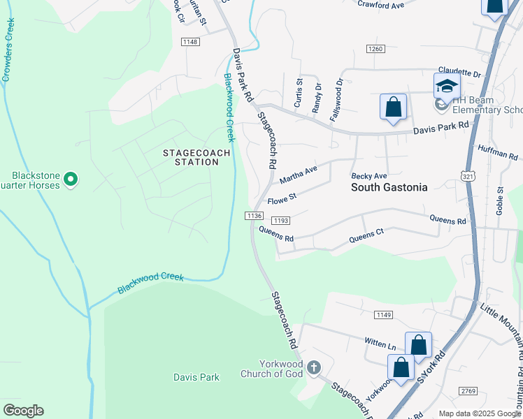 map of restaurants, bars, coffee shops, grocery stores, and more near 723 Flowe Street in Gastonia