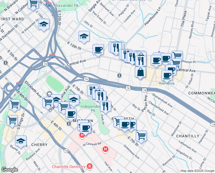 map of restaurants, bars, coffee shops, grocery stores, and more near in Charlotte