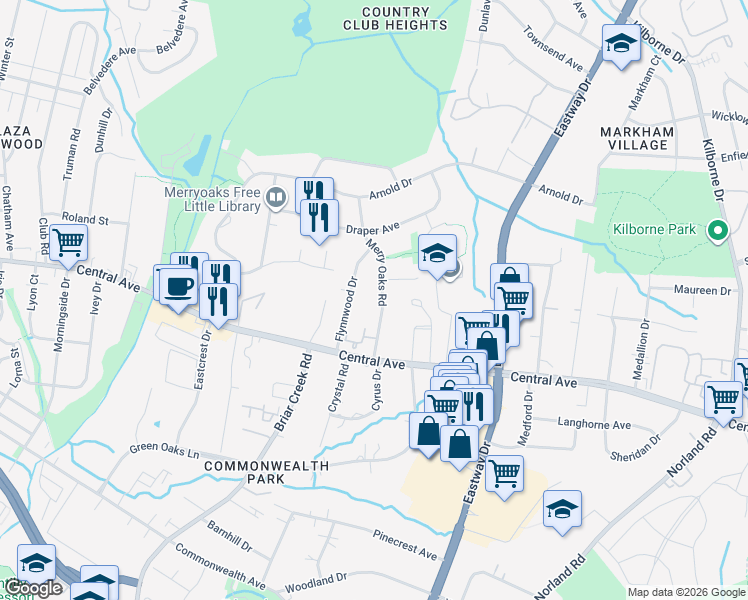 map of restaurants, bars, coffee shops, grocery stores, and more near 3400 Covington Oaks Drive in Charlotte