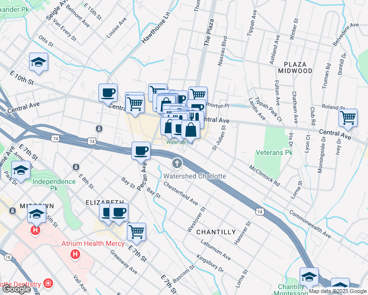 map of restaurants, bars, coffee shops, grocery stores, and more near 1200d The Plaza in Charlotte
