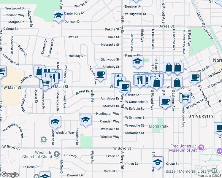 map of restaurants, bars, coffee shops, grocery stores, and more near 1235 West Main Street in Norman