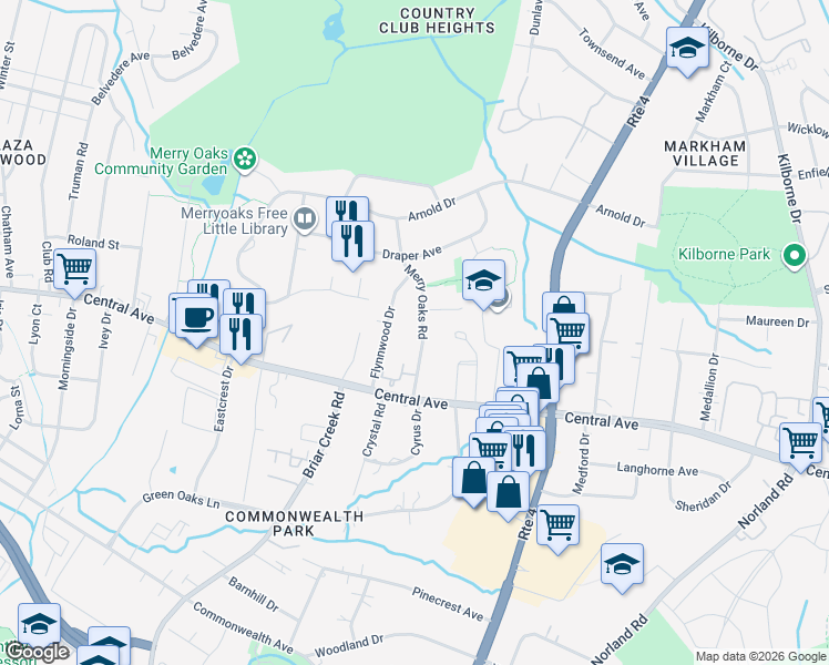 map of restaurants, bars, coffee shops, grocery stores, and more near 3400 Covington Oaks Drive in Charlotte