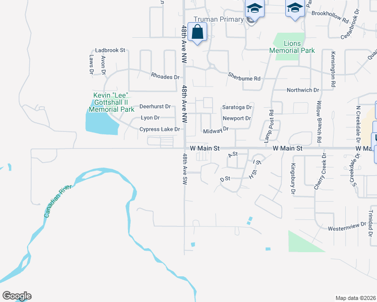 map of restaurants, bars, coffee shops, grocery stores, and more near 4740 West Main Street in Norman