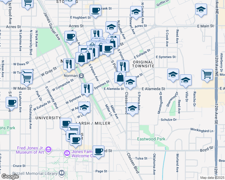 map of restaurants, bars, coffee shops, grocery stores, and more near 230 East Alameda Street in Norman