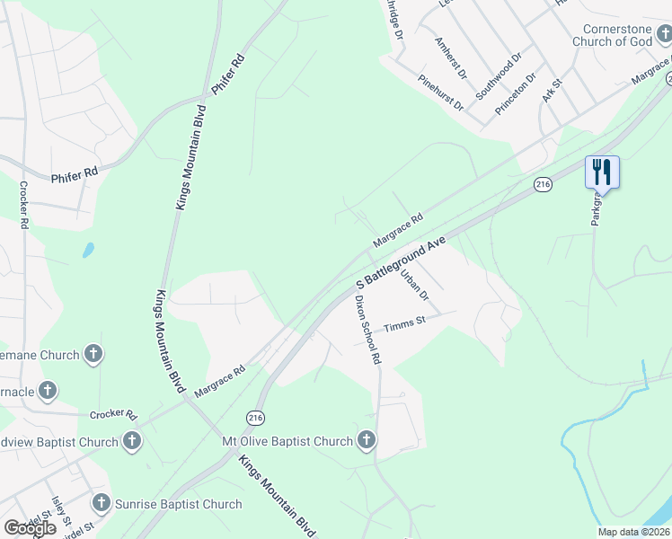 map of restaurants, bars, coffee shops, grocery stores, and more near 514 Margrace Road in Kings Mountain