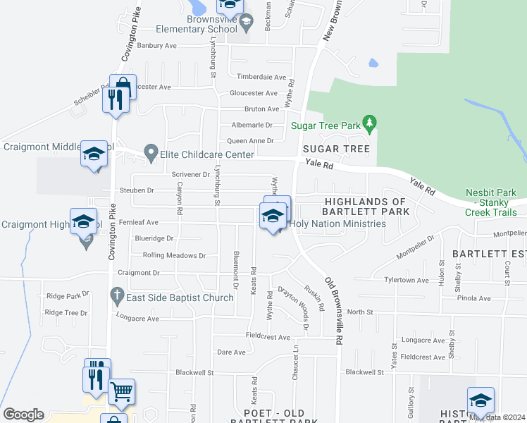 map of restaurants, bars, coffee shops, grocery stores, and more near 5347 Patrick Henry Drive in Memphis