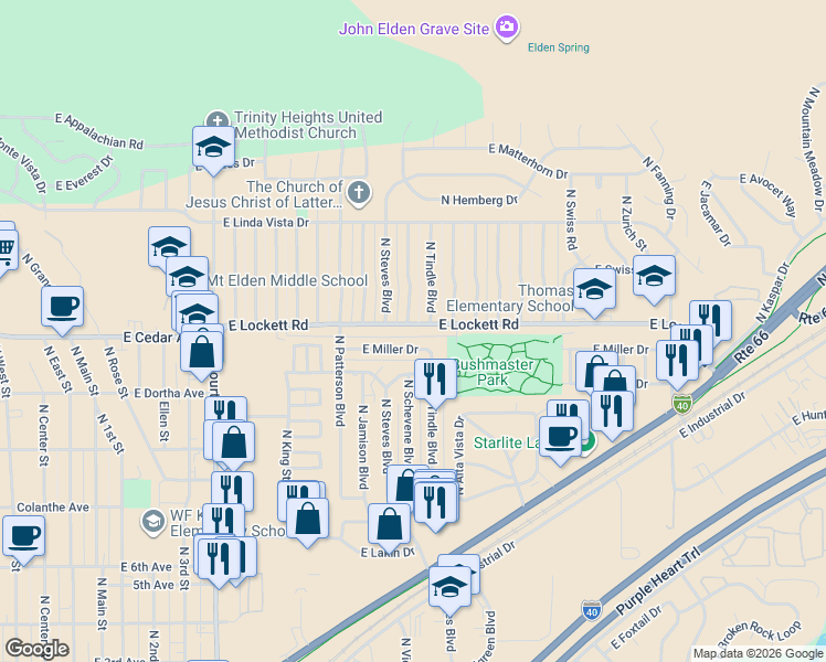 map of restaurants, bars, coffee shops, grocery stores, and more near 3207 North Schevene Boulevard in Flagstaff