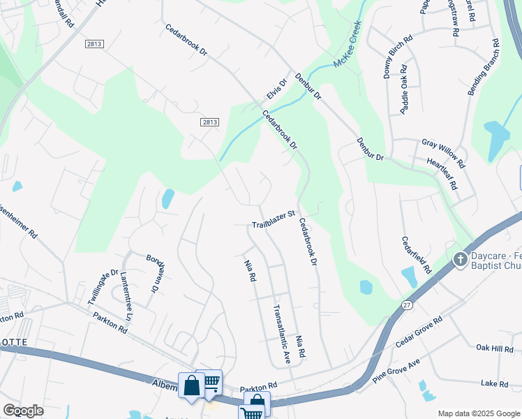 map of restaurants, bars, coffee shops, grocery stores, and more near 7517 Cedarbrook Drive in Charlotte
