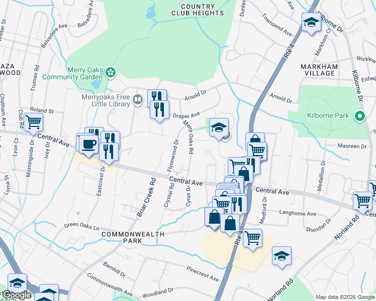 map of restaurants, bars, coffee shops, grocery stores, and more near 3400 Covington Oaks Drive in Charlotte