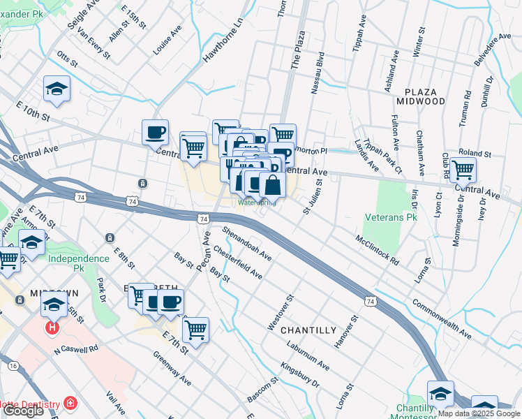 map of restaurants, bars, coffee shops, grocery stores, and more near 1200d The Plaza in Charlotte
