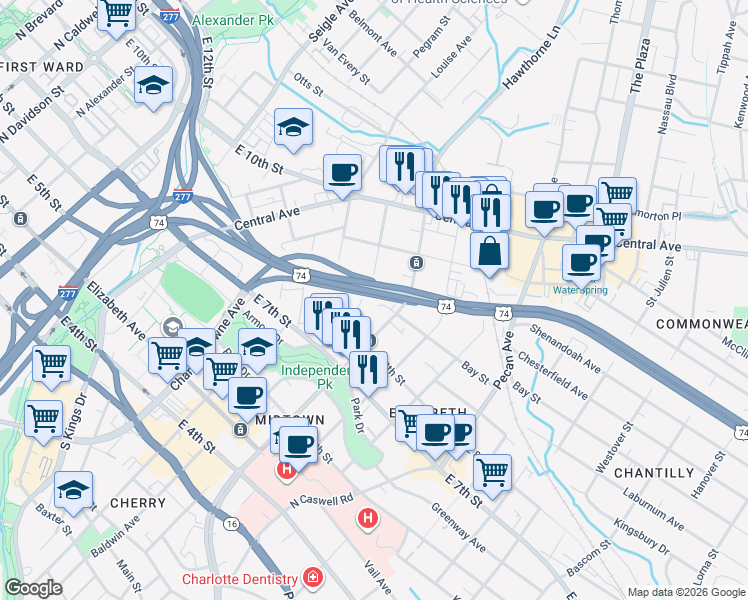 map of restaurants, bars, coffee shops, grocery stores, and more near in Charlotte