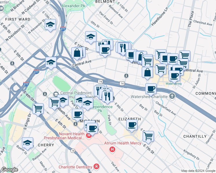 map of restaurants, bars, coffee shops, grocery stores, and more near 527 Oakland Avenue in Charlotte