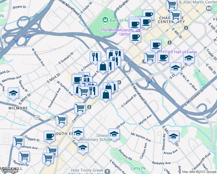 map of restaurants, bars, coffee shops, grocery stores, and more near 1205 South Tryon Street in Charlotte