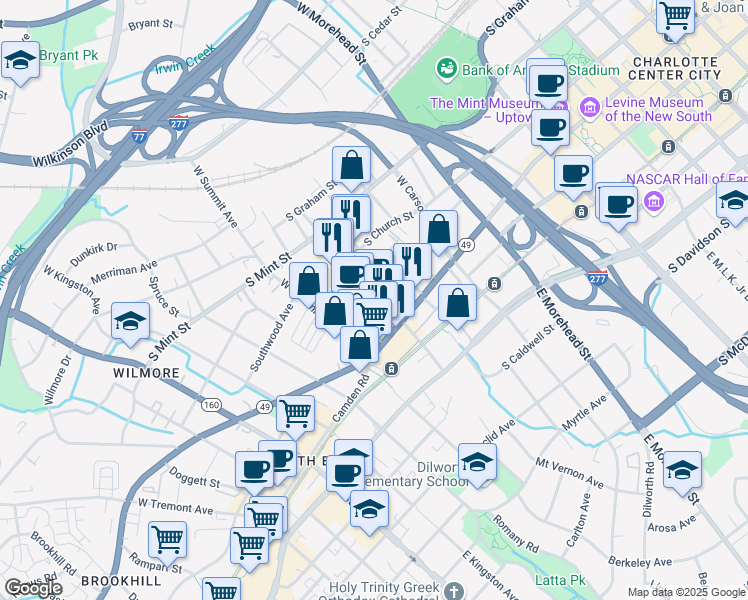 map of restaurants, bars, coffee shops, grocery stores, and more near 204 West Bland Street in Charlotte
