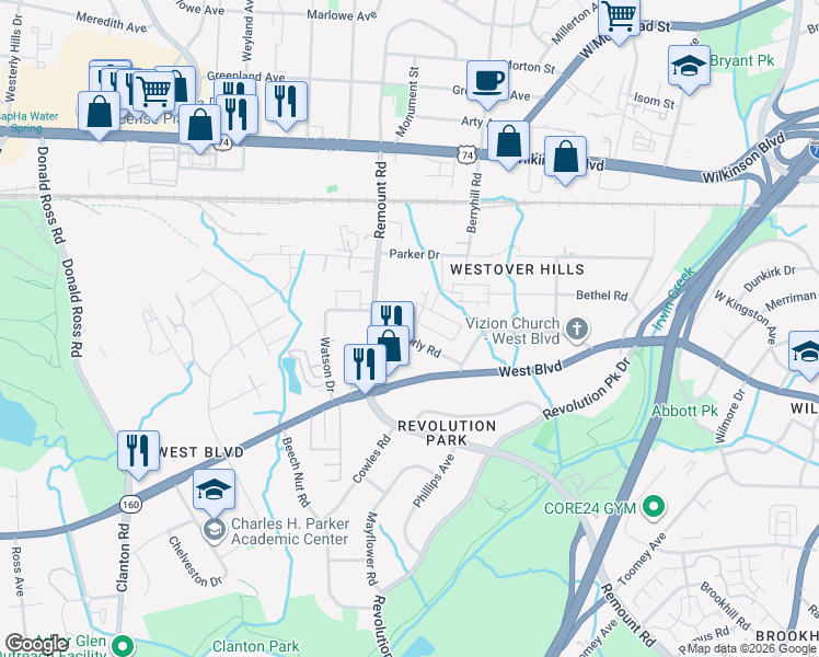 map of restaurants, bars, coffee shops, grocery stores, and more near 1821 Sims Drive in Charlotte