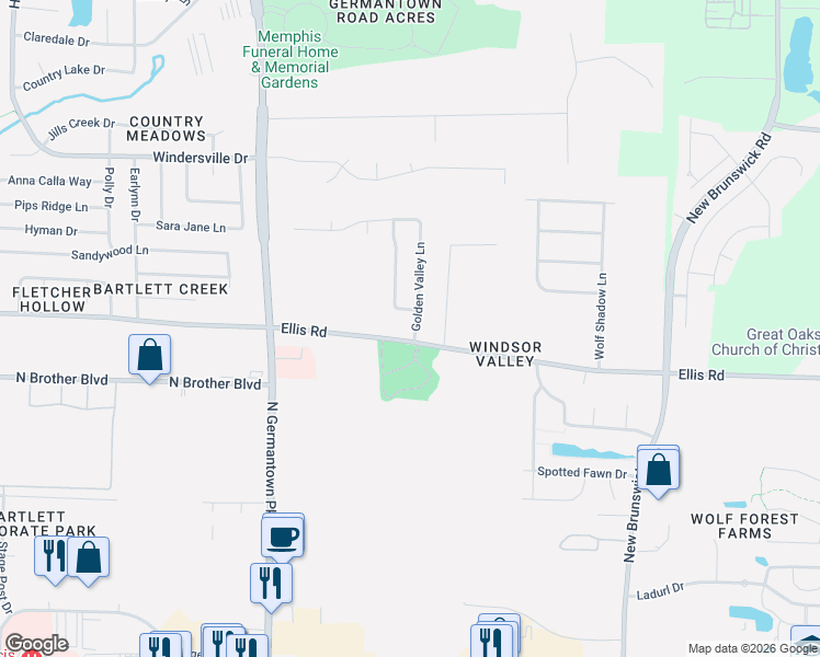 map of restaurants, bars, coffee shops, grocery stores, and more near 3415 Valley Chase Lane in Memphis