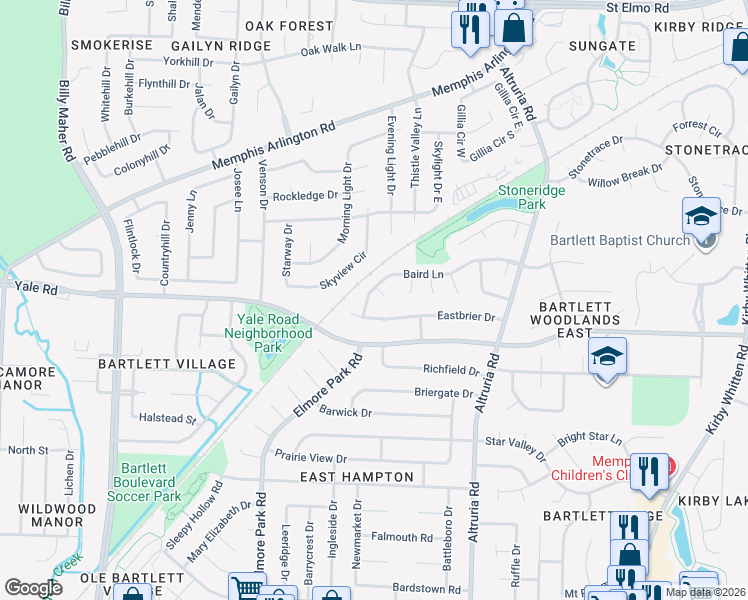 map of restaurants, bars, coffee shops, grocery stores, and more near 3398 Staples Cove in Bartlett