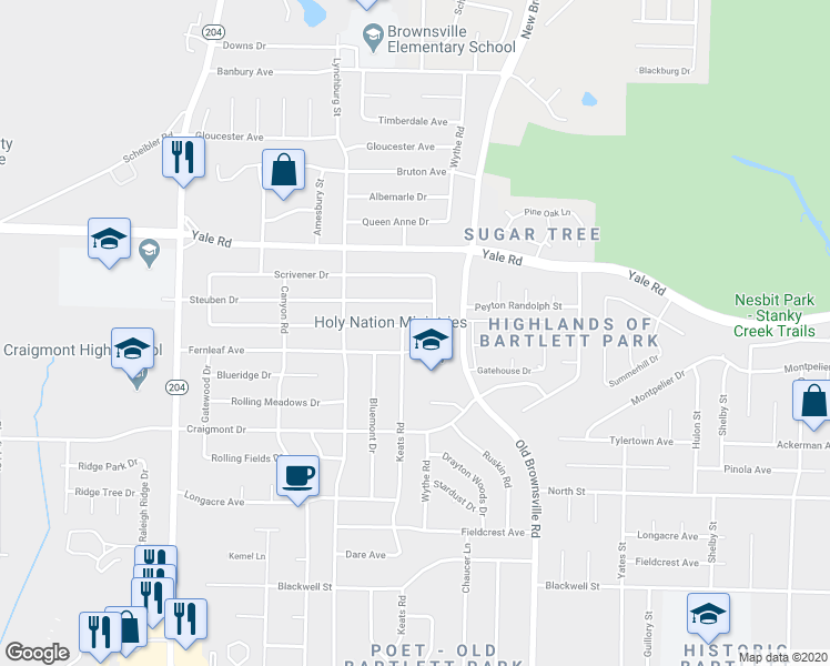 map of restaurants, bars, coffee shops, grocery stores, and more near 5360 Patrick Henry Drive in Memphis