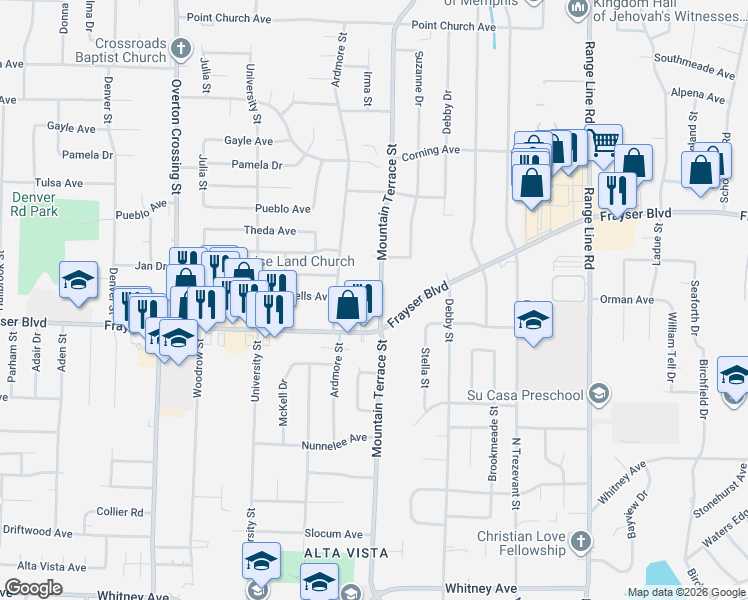 map of restaurants, bars, coffee shops, grocery stores, and more near 3413 Mountain Terrace Street in Memphis