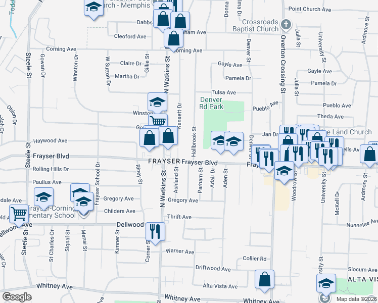 map of restaurants, bars, coffee shops, grocery stores, and more near 3405 Hallbrook Street in Memphis