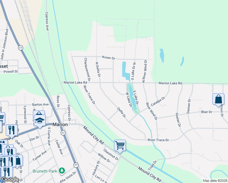 map of restaurants, bars, coffee shops, grocery stores, and more near 303 River Bend Drive in Marion