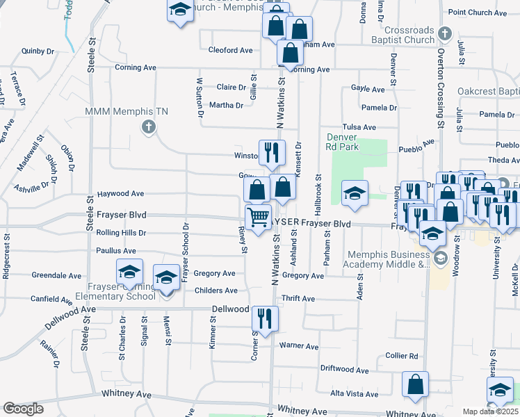 map of restaurants, bars, coffee shops, grocery stores, and more near 1776 Frayser Boulevard in Memphis