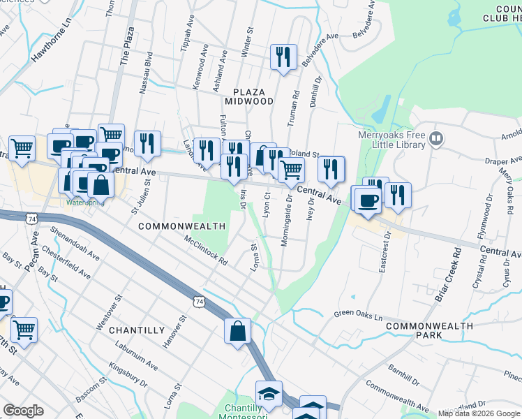 map of restaurants, bars, coffee shops, grocery stores, and more near in Charlotte
