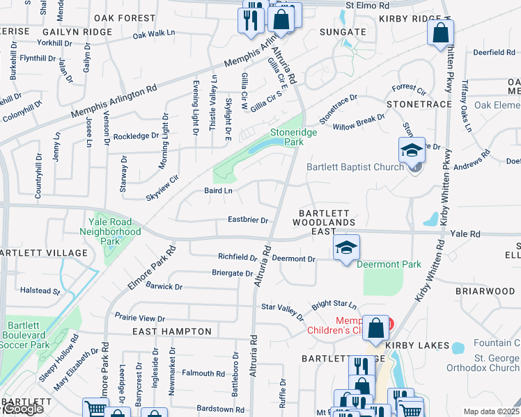 map of restaurants, bars, coffee shops, grocery stores, and more near 6486 Tarus Drive in Bartlett