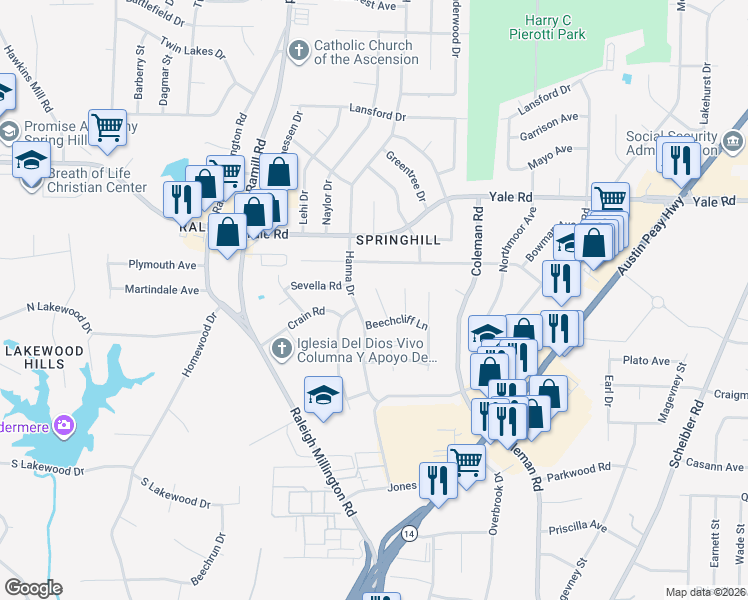 map of restaurants, bars, coffee shops, grocery stores, and more near 3407 Hocker Hedge Cove in Memphis