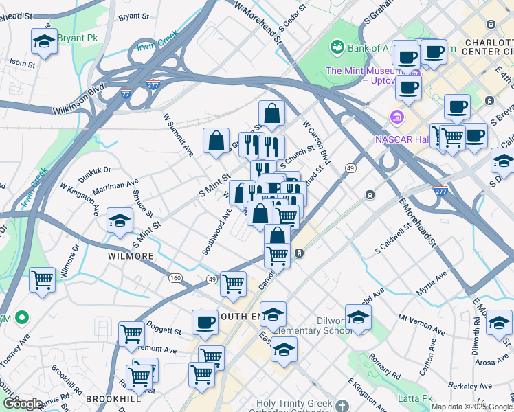 map of restaurants, bars, coffee shops, grocery stores, and more near 1415s South Church Street in Charlotte