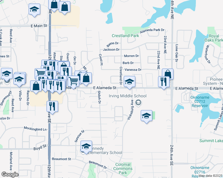 map of restaurants, bars, coffee shops, grocery stores, and more near 1812 Alameda Street in Norman