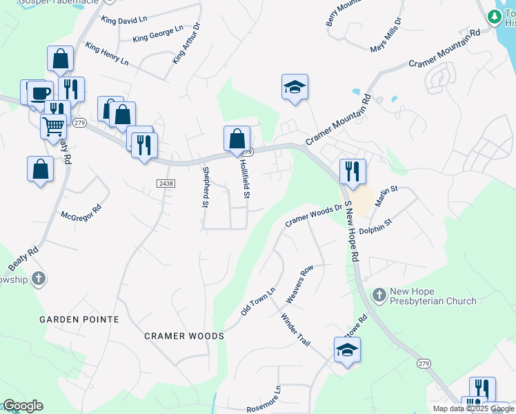 map of restaurants, bars, coffee shops, grocery stores, and more near 111 Rocky Road in Gastonia