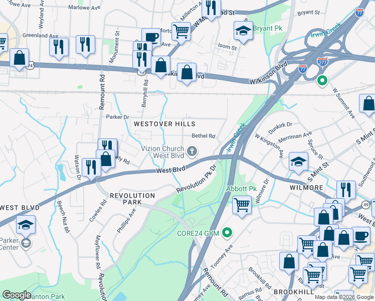 map of restaurants, bars, coffee shops, grocery stores, and more near 1126 Fordham Road in Charlotte