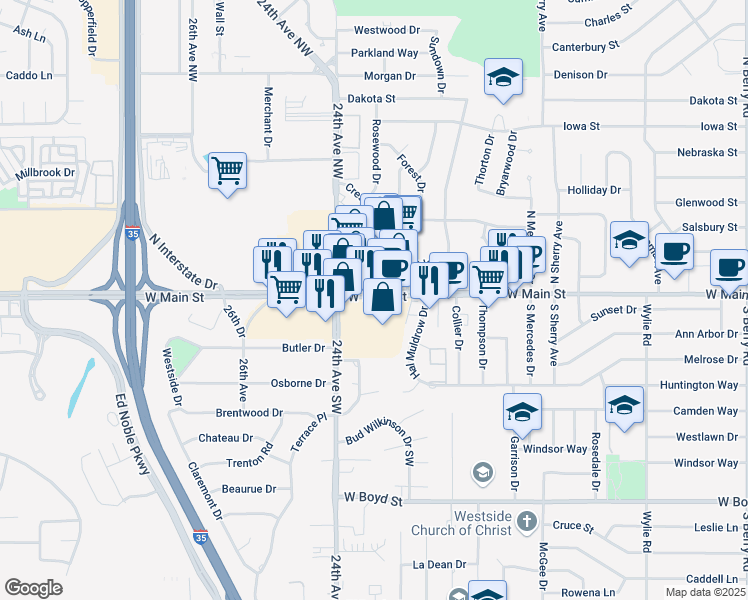 map of restaurants, bars, coffee shops, grocery stores, and more near 2399 W Main St in Norman