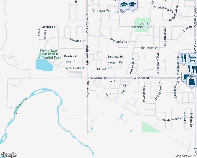 map of restaurants, bars, coffee shops, grocery stores, and more near 4700 West Main Street in Norman