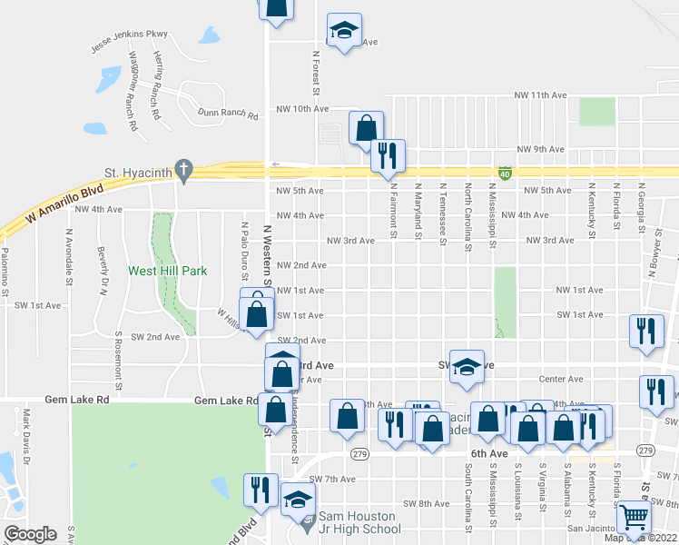 map of restaurants, bars, coffee shops, grocery stores, and more near 109 North Belleview Street in Amarillo