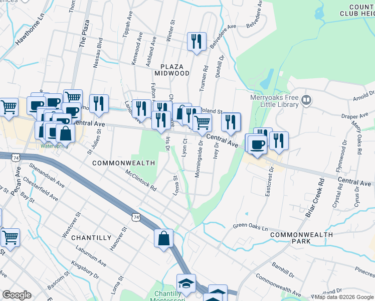 map of restaurants, bars, coffee shops, grocery stores, and more near 1500 Lyon Court in Charlotte