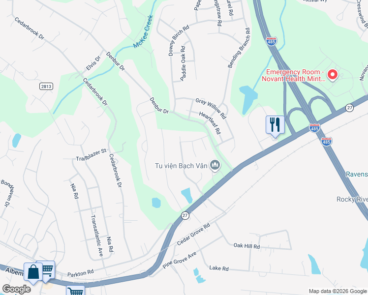 map of restaurants, bars, coffee shops, grocery stores, and more near 7414 Cedarfield Road in Charlotte