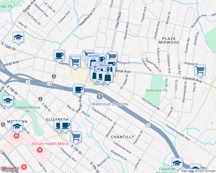 map of restaurants, bars, coffee shops, grocery stores, and more near 1200d The Plaza in Charlotte