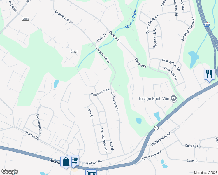 map of restaurants, bars, coffee shops, grocery stores, and more near 7517 Cedarbrook Drive in Charlotte