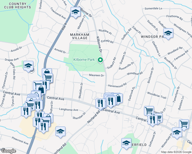 map of restaurants, bars, coffee shops, grocery stores, and more near 3801 Rosehedge Lane in Charlotte