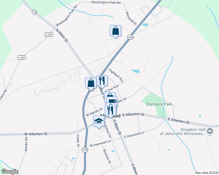 map of restaurants, bars, coffee shops, grocery stores, and more near 105 East 2nd Avenue in Mount Gilead
