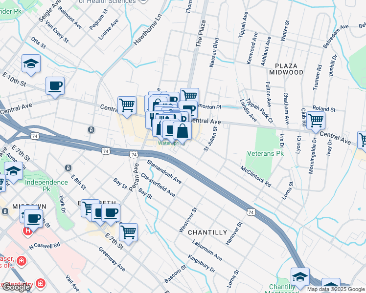 map of restaurants, bars, coffee shops, grocery stores, and more near 1200d The Plaza in Charlotte