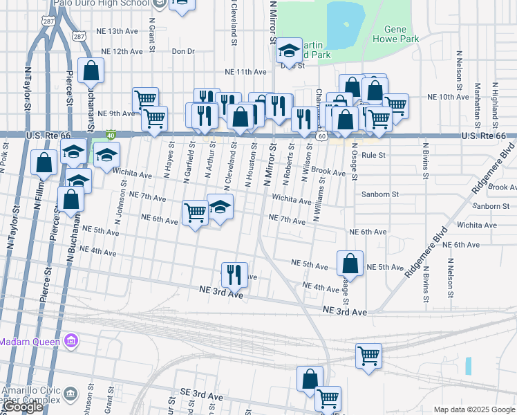 map of restaurants, bars, coffee shops, grocery stores, and more near 705 North Mirror Street in Amarillo
