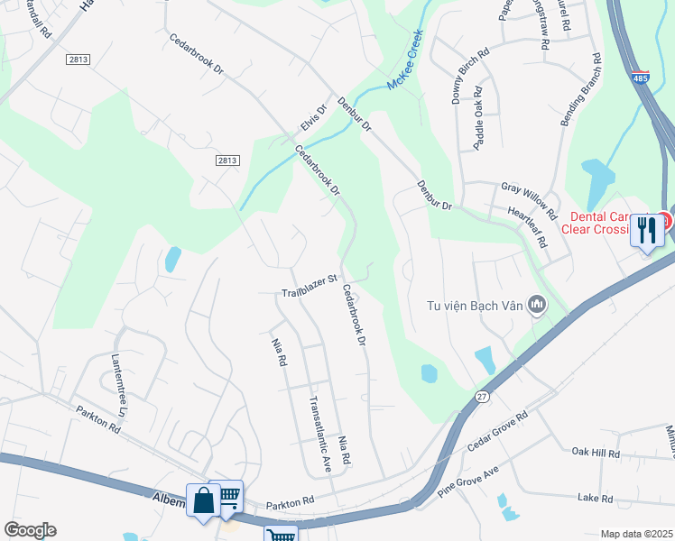 map of restaurants, bars, coffee shops, grocery stores, and more near 7517 Cedarbrook Drive in Charlotte