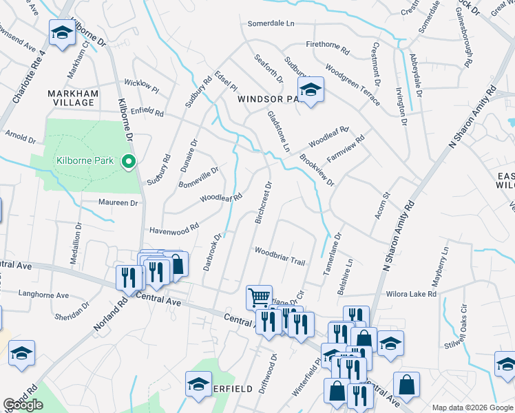 map of restaurants, bars, coffee shops, grocery stores, and more near 2008 Birchcrest Drive in Charlotte