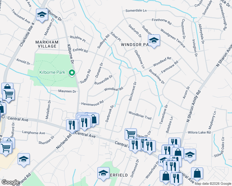 map of restaurants, bars, coffee shops, grocery stores, and more near 3518 Woodleaf Road in Charlotte