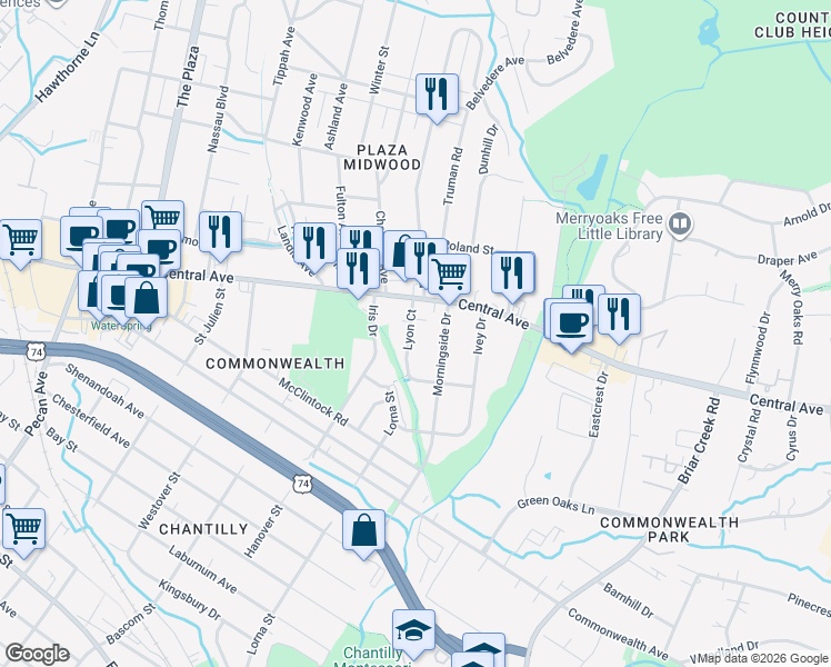 map of restaurants, bars, coffee shops, grocery stores, and more near in Charlotte